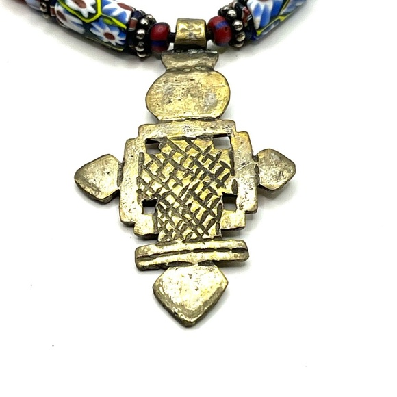 Colorful Beaded Necklace with Brass Coptic Cross Pendant  Unique Original - Picture 7 of 10